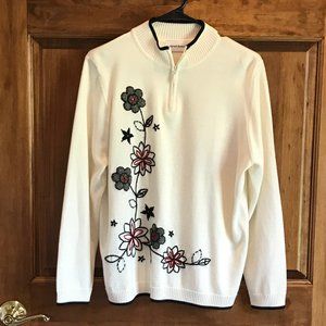 ALFRED DUNNER WOMEN'S SWEATER, MEDIUM, CREAM WITH RED AND BLACK STITCHED FLOWERS